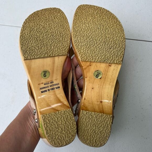 Woodies Vintage Shoes Wooden Wedge Sandals HAND PAINTED PALM TREES Clogs Sz 6 - Picture 5 of 15